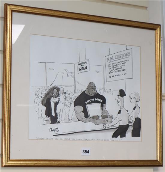 Griffin, original cartoon, Mike Tyson / Diana Ross at HM Customs, signed, 31 x 39cm